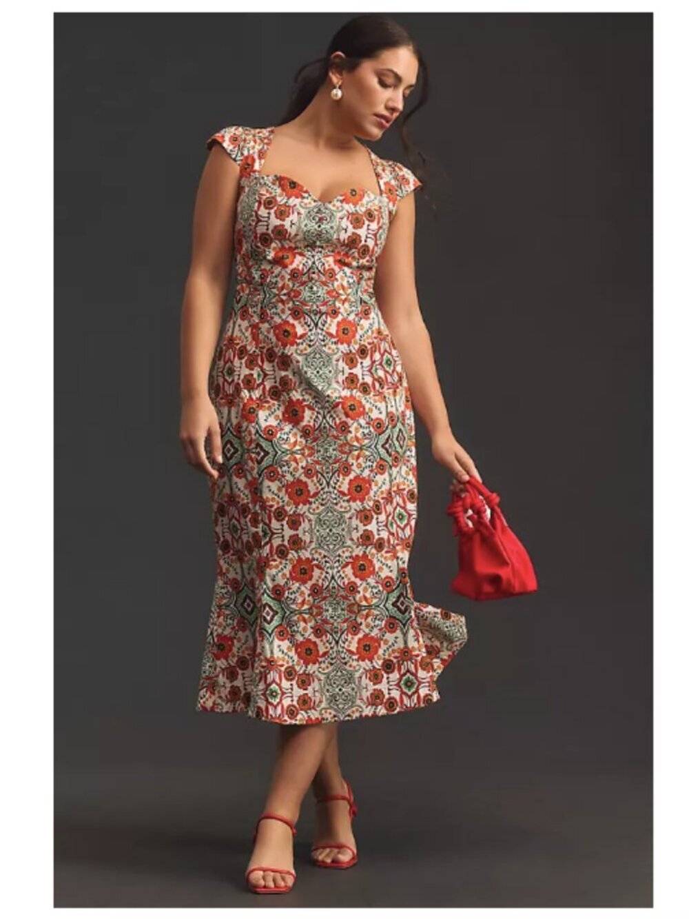 ANTHROPOLOGIE Cecily Fit & Flare Sweetheart Midi Dress M Cotton Stretch Multi